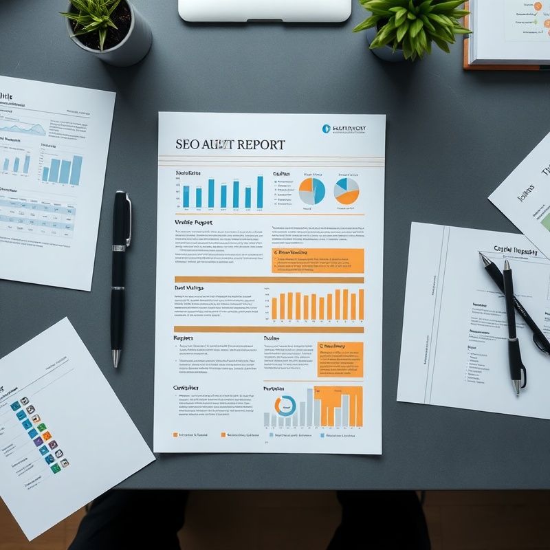 Strukturierter SEO-Audit-Bericht mit Diagrammen und hervorgehobenen Abschnitten