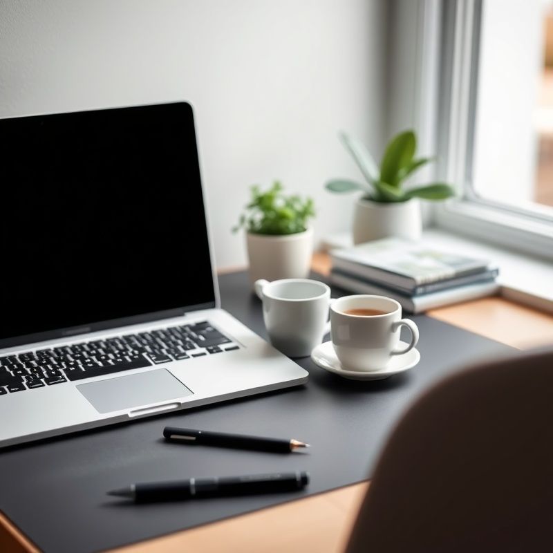 Aufgeräumter Home-Office-Schreibtisch mit Laptop, Notizblock und Kaffeetasse